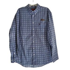 Rock‎ & Roll Denim Shirt Mens Large Medallion Stretch Long Sleeve Blue NEW